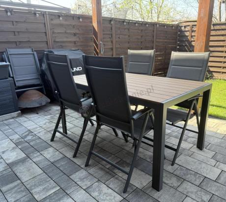 Aluminiowe meble obiadowe - stół 150cm i 6 składanych krzeseł - Kanbery Wood Antracite 6+1