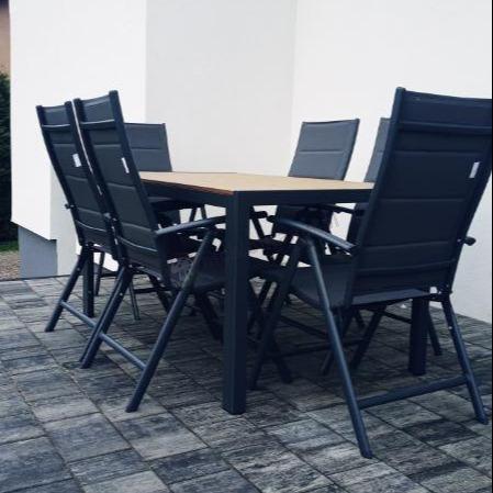 Aluminiowe meble obiadowe - stół 150cm i 6 składanych krzeseł - Kanbery Wood Antracite 6+1