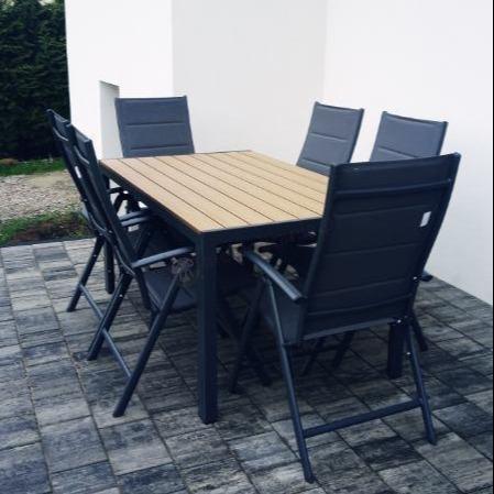 Aluminiowe meble obiadowe - stół 150cm i 6 składanych krzeseł - Kanbery Wood Antracite 6+1