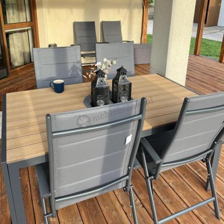Aluminiowe meble obiadowe - stół 150cm i 6 składanych krzeseł - Kanbery Wood Antracite 6+1