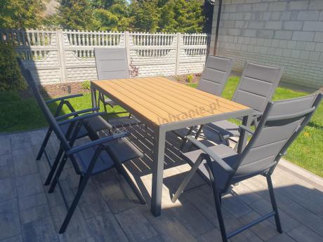 Aluminiowe meble obiadowe - stół 150cm i 6 składanych krzeseł - Kanbery Wood Antracite 6+1