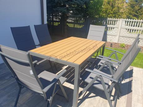 Aluminiowe meble obiadowe - stół 150cm i 6 składanych krzeseł - Kanbery Wood Antracite 6+1