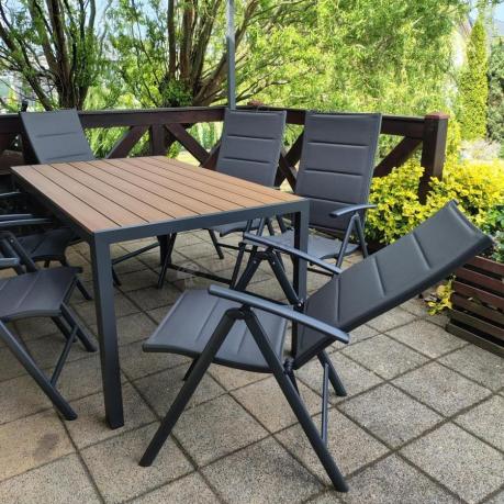 Aluminiowe meble obiadowe - stół 150cm i 6 składanych krzeseł - Kanbery Wood Antracite 6+1