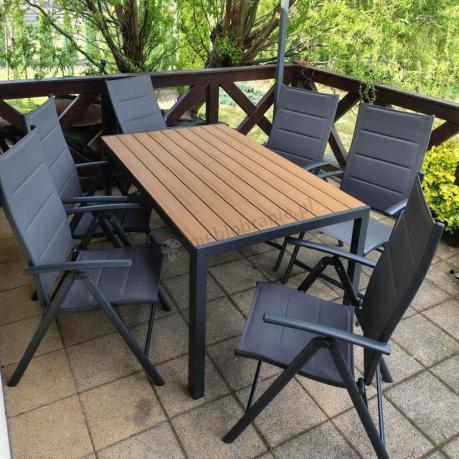 Aluminiowe meble obiadowe - stół 150cm i 6 składanych krzeseł - Kanbery Wood Antracite 6+1