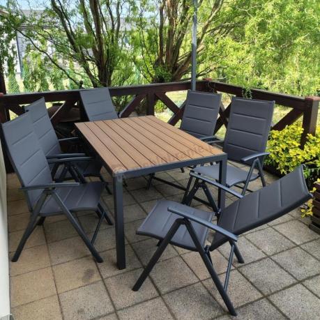 Aluminiowe meble obiadowe - stół 150cm i 6 składanych krzeseł - Kanbery Wood Antracite 6+1