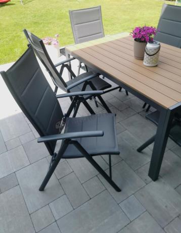 Aluminiowe meble obiadowe - stół 150cm i 6 składanych krzeseł - Kanbery Wood Antracite 6+1