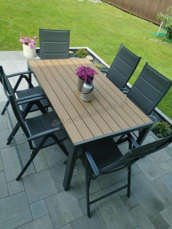 Aluminiowe meble obiadowe - stół 150cm i 6 składanych krzeseł - Kanbery Wood Antracite 6+1