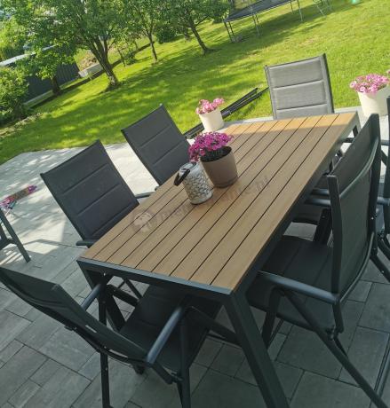 Aluminiowe meble obiadowe - stół 150cm i 6 składanych krzeseł - Kanbery Wood Antracite 6+1