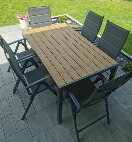 Aluminiowe meble obiadowe - stół 150cm i 6 składanych krzeseł - Kanbery Wood Antracite 6+1