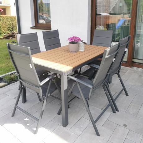 Aluminiowe meble obiadowe - stół 150cm i 6 składanych krzeseł - Kanbery Wood Antracite 6+1