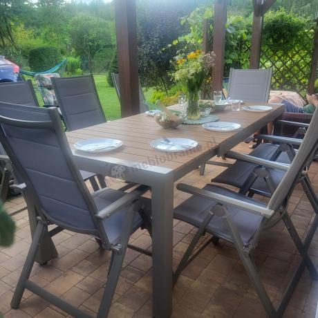 Aluminiowe meble obiadowe na taras - stół rozkładany do 210cm i 8 składanych krzeseł Tanami Daven Taupe