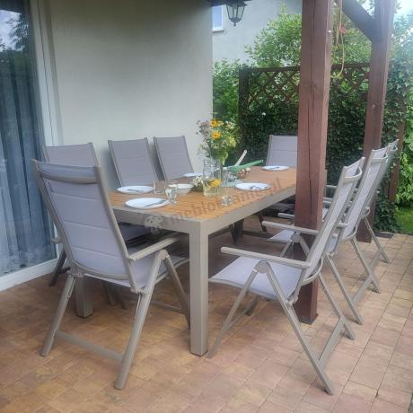 Aluminiowe meble obiadowe na taras - stół rozkładany do 210cm i 8 składanych krzeseł Tanami Daven Taupe