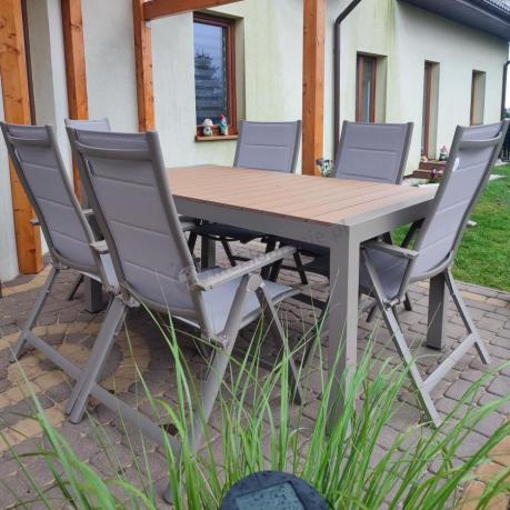 Aluminiowe meble obiadowe na taras - stół rozkładany do 210cm i 8 składanych krzeseł Tanami Daven Taupe