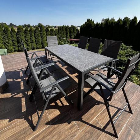 Aluminiowe meble tarasowe - stół 180cm i składane 7 pozycyjne krzesła - Kanbery Antracite Ceramic 8+1