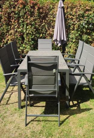 Aluminiowe meble tarasowe - stół 180cm i składane 7 pozycyjne krzesła - Kanbery Antracite Ceramic 8+1