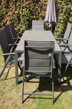 Aluminiowe meble tarasowe - stół 180cm i składane 7 pozycyjne krzesła - Kanbery Antracite Ceramic 8+1