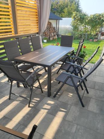 Aluminiowe meble tarasowe - stół 180cm i składane 7 pozycyjne krzesła - Kanbery Antracite Ceramic 8+1