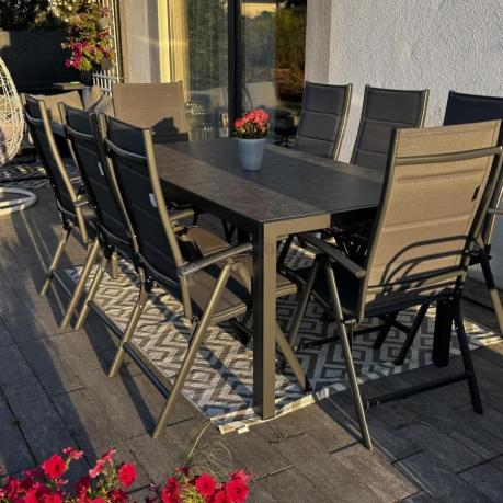 Aluminiowe meble tarasowe - stół 180cm i składane 7 pozycyjne krzesła - Kanbery Antracite Ceramic 8+1