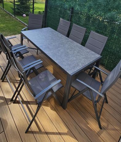 Aluminiowe meble tarasowe - stół 180cm i składane 7 pozycyjne krzesła - Kanbery Antracite Ceramic 8+1