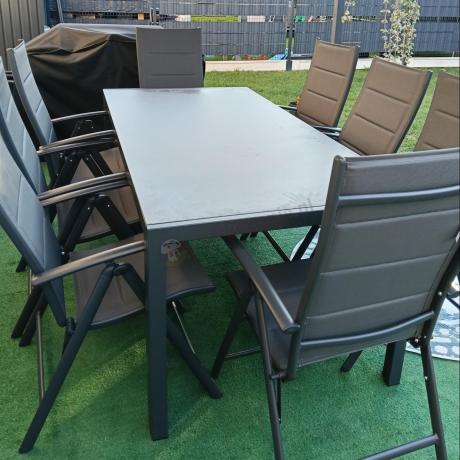 Aluminiowe meble tarasowe - stół 180cm i składane 7 pozycyjne krzesła - Kanbery Antracite Ceramic 8+1