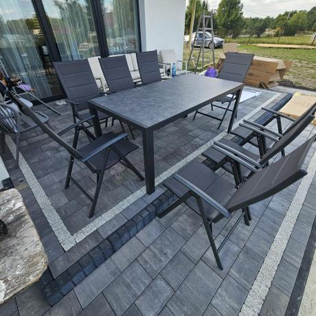 Aluminiowe meble tarasowe - stół 180cm i składane 7 pozycyjne krzesła - Kanbery Antracite Ceramic 8+1