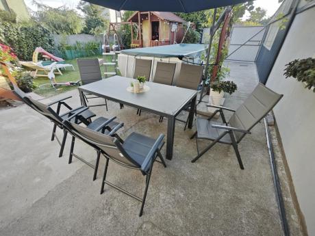 Aluminiowe meble tarasowe - stół 180cm i składane 7 pozycyjne krzesła - Kanbery Antracite Ceramic 8+1