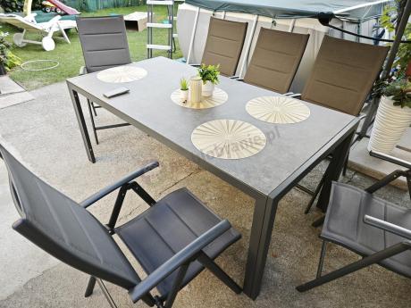 Aluminiowe meble tarasowe - stół 180cm i składane 7 pozycyjne krzesła - Kanbery Antracite Ceramic 8+1