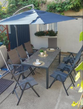 Aluminiowe meble tarasowe - stół 180cm i składane 7 pozycyjne krzesła - Kanbery Antracite Ceramic 8+1