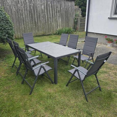 Aluminiowe meble tarasowe - stół 180cm i składane 7 pozycyjne krzesła - Kanbery Antracite Ceramic 8+1