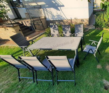 Aluminiowe meble tarasowe - stół 180cm i składane 7 pozycyjne krzesła - Kanbery Antracite Ceramic 8+1
