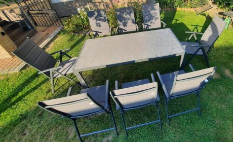 Aluminiowe meble tarasowe - stół 180cm i składane 7 pozycyjne krzesła - Kanbery Antracite Ceramic 8+1