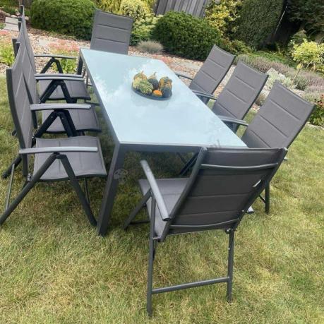 Aluminiowe meble tarasowe - stół 180cm i składane 7 pozycyjne krzesła - Kanbery Antracite Ceramic 8+1