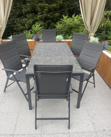 Aluminiowe meble tarasowe - stół 180cm i składane 7 pozycyjne krzesła - Kanbery Antracite Ceramic 8+1