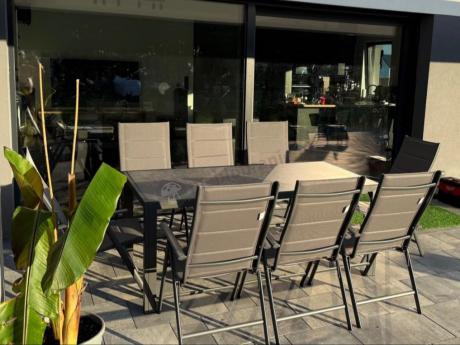 Aluminiowe meble tarasowe - stół 180cm i składane 7 pozycyjne krzesła - Kanbery Antracite Ceramic 8+1