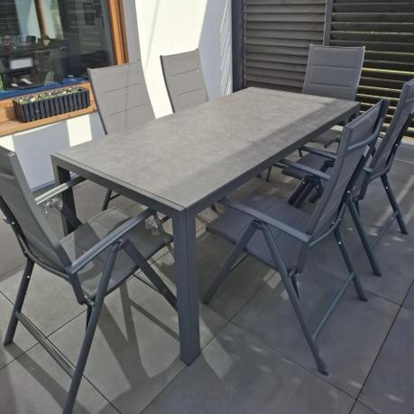 Aluminiowe meble tarasowe - stół 180cm i składane 7 pozycyjne krzesła - Kanbery Antracite Ceramic 8+1