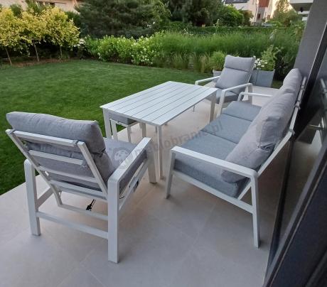 Aluminiowy komplet białych mebli na taras z regulowanymi fotelami, sofą i stołem obiadowym - Renalo Dining Relax Whit