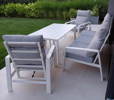 Aluminiowy komplet białych mebli na taras z regulowanymi fotelami, sofą i stołem obiadowym - Renalo Dining Relax Whit