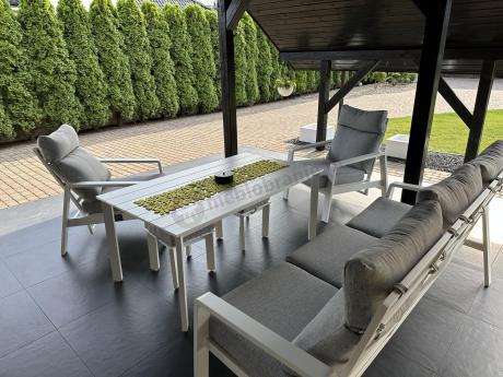 Aluminiowy komplet białych mebli na taras z regulowanymi fotelami, sofą i stołem obiadowym - Renalo Dining Relax Whit