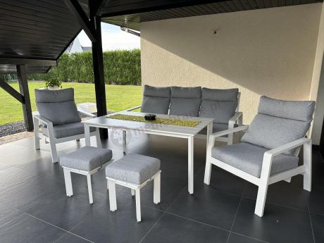 Aluminiowy komplet białych mebli na taras z regulowanymi fotelami, sofą i stołem obiadowym - Renalo Dining Relax Whit