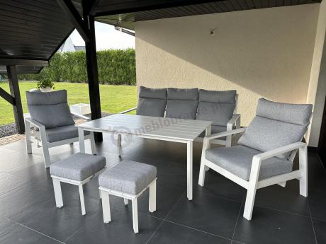 Aluminiowy komplet białych mebli na taras z regulowanymi fotelami, sofą i stołem obiadowym - Renalo Dining Relax Whit