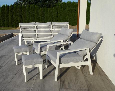 Aluminiowy komplet białych mebli na taras z regulowanymi fotelami, sofą i stołem obiadowym - Renalo Dining Relax Whit