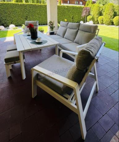 Aluminiowy komplet białych mebli na taras z regulowanymi fotelami, sofą i stołem obiadowym - Renalo Dining Relax Whit