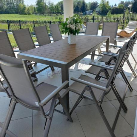Aluminiowy komplet stół 210cm i 12 składanych krzeseł Tanami Daven Taupe