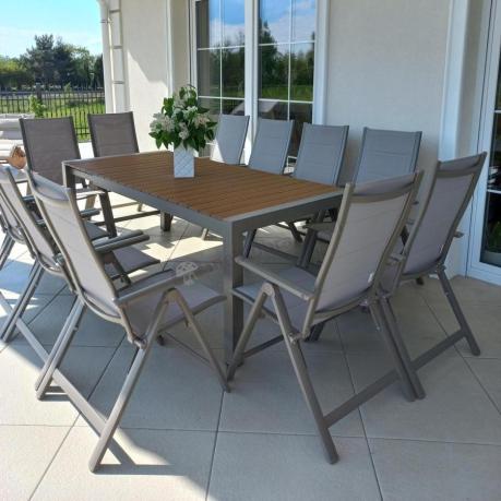 Aluminiowy komplet stół 210cm i 12 składanych krzeseł Tanami Daven Taupe