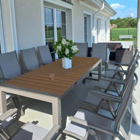 Aluminiowy komplet stół 210cm i 12 składanych krzeseł Tanami Daven Taupe