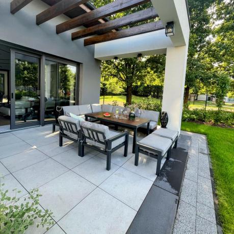 Aluminiowy narożnik na taras 283x222 cm z dwoma fotelami i pufami - Calamba Corner XL