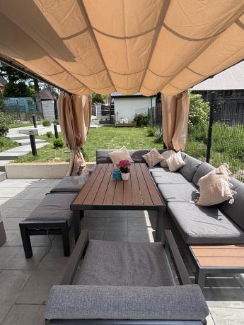 Aluminiowy narożnik ogrodowy z fotelem i stołem 160cm Calamba Corner XL - Grey