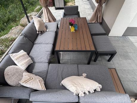 Aluminiowy narożnik ogrodowy z fotelem i stołem 160cm Calamba Corner XL - Grey