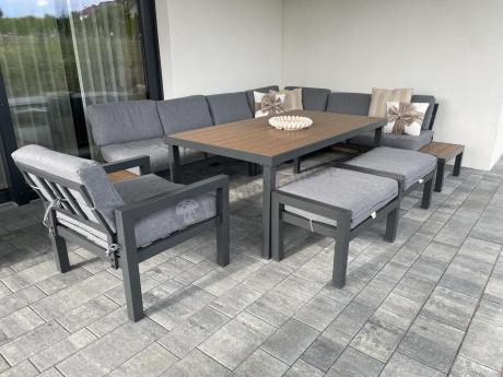 Aluminiowy narożnik ogrodowy z fotelem i stołem 160cm Calamba Corner XL - Grey