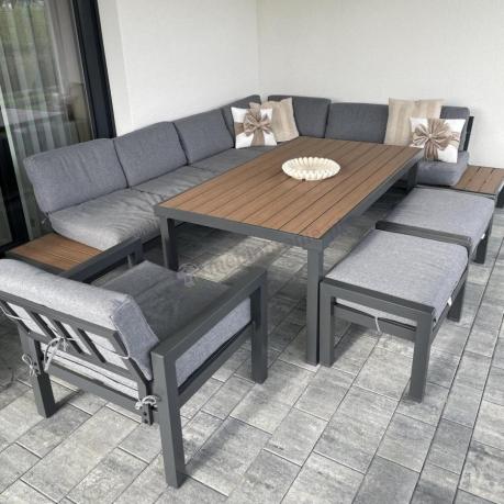 Aluminiowy narożnik ogrodowy z fotelem i stołem 160cm Calamba Corner XL - Grey
